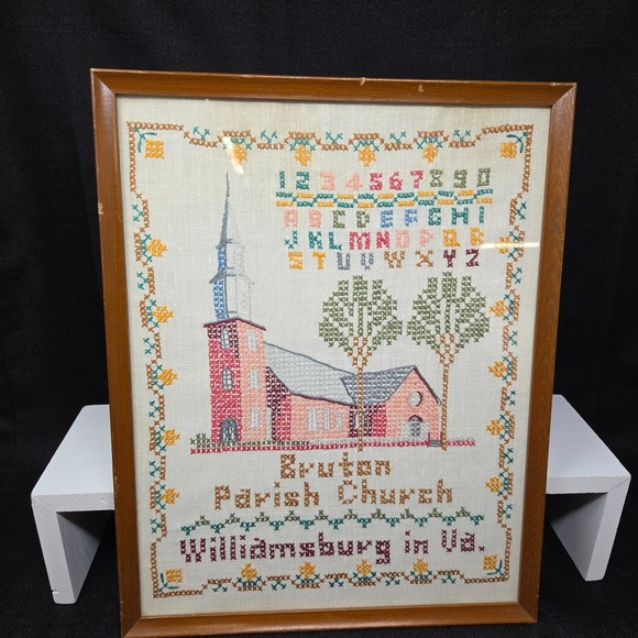 VTG Framed Cross Stitch Sampler Bruton Parish Church Williamsburg Virginia VA